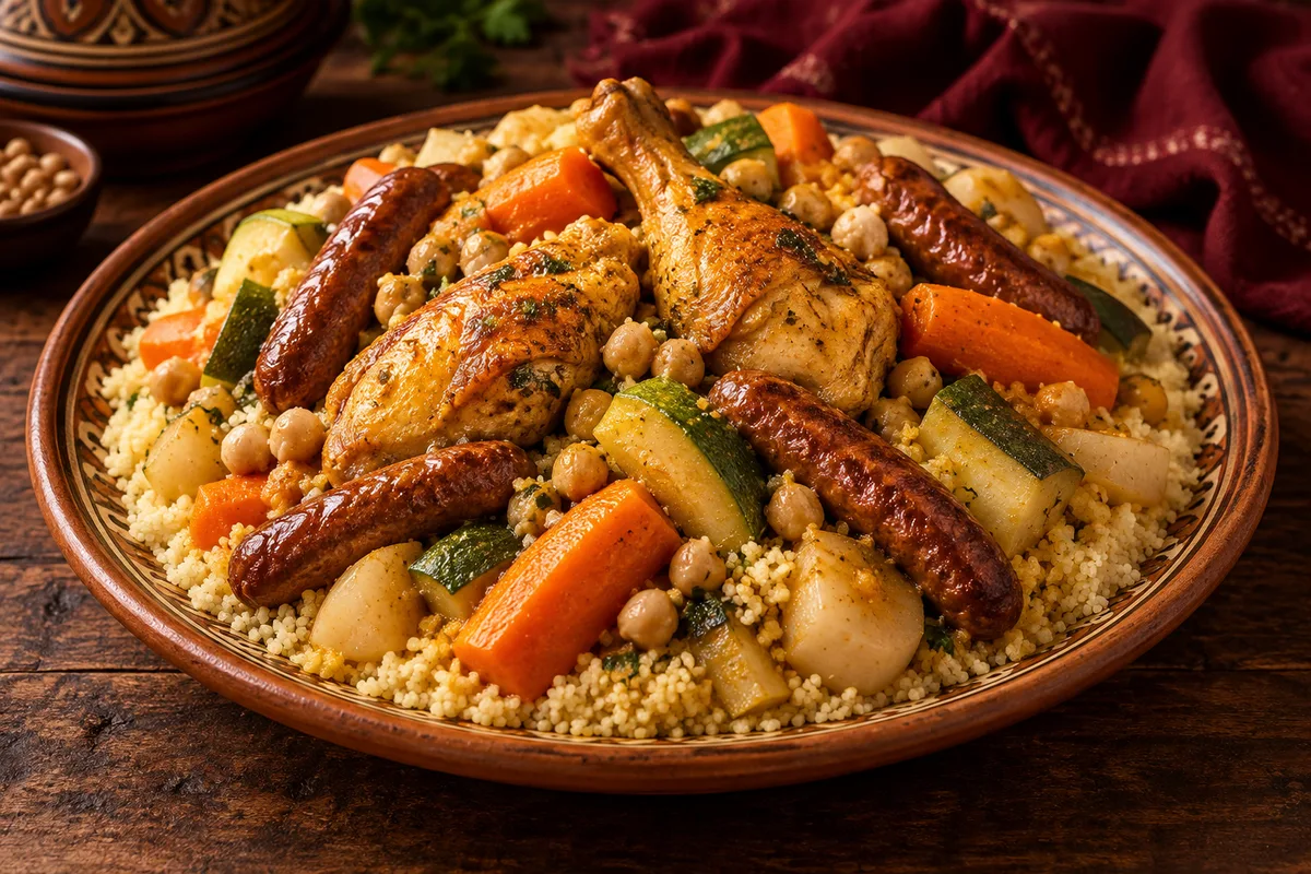 Illustration de couscous aux légumes, poulet et merguez