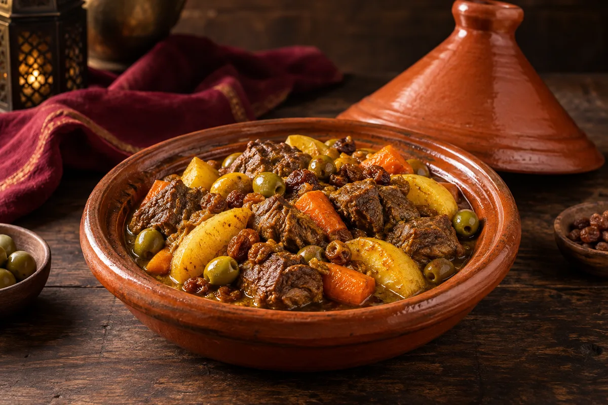 Illustration du tajine de bœuf, pommes de terre, carottes, olives et raisins bruns